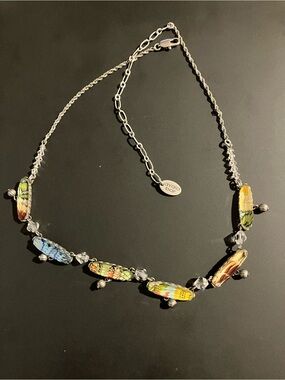 Ayala Bar Handcrafted Mosaic Textile Statement Necklace Silver-Tone Crystal 19"